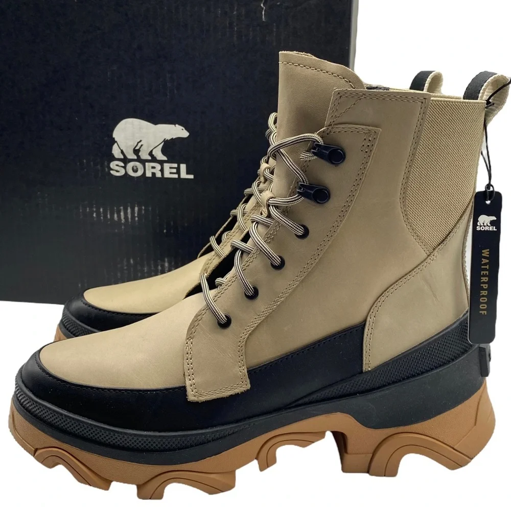 Sorel Brex Lace Up Leather Waterproof Boot Sandy Tan Black Size 9